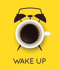 Vector illustration with realistic cup of coffee and hand drawn alarm clock on yellow background. Break time, good morning, drink menu design concept. Trendy banner or poster