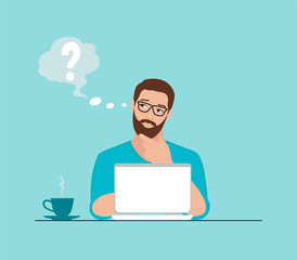 Vector of a thoughtful man working on laptop at workplace having some questions