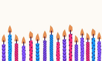 Vector background of birthday cake candles with lines and dots ornament. Celebration, greeting postcard backdrop, festive banner