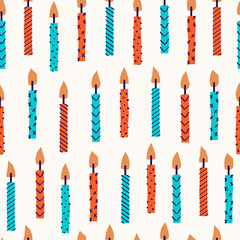 Vector seamless pattern of birthday cake candles with lines and dots ornament. Celebration, greeting postcard backdrop, festive wrapping paper for presents and gifts