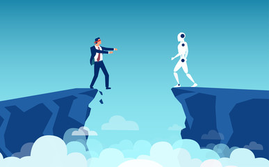 Obraz premium Vector of a business man about to fall of a cliff and a robot looking at him from the other side