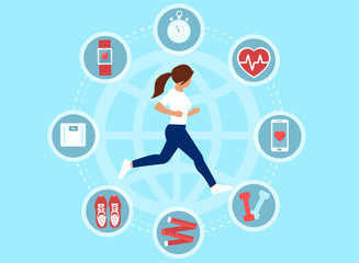 Vector of a fit woman exercising following diet guidelines using mobile app monitoring