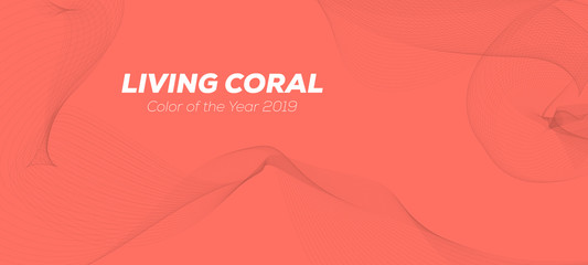 Living Coral color poster cover with geometrical lines. Abstract template with blend shapes.