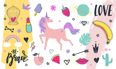 Vector collection of decorative design elements hand drawn in trendy doodle style - fruits, animals, plants, symbols. Colorful vector set for with handwritten phrases for T-shirt prints, posters