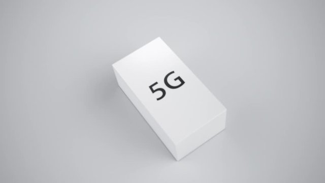 Concept of new technology delivering. White cardboard box on white background, package for device or smartphone, 5g symbol on top cover. Camera zoom movement, 3g cgi 60 fps animation.