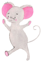 little cute mouse with pink ears walking to the side. funny character, watercolor for prints, design, postcards, posters. symbol of the year