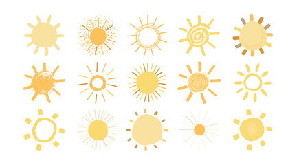 Set of yellow suns in hand drawn style isolated on white background. Cute funny simple illustration for kids. Sun icons. Vector. - 293835669