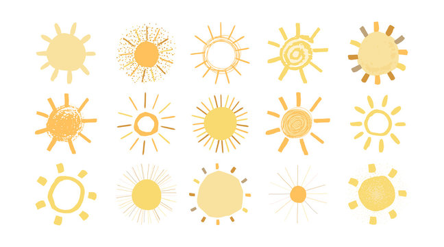 Set Of Yellow Suns In Hand Drawn Style Isolated On White Background. Cute Funny Simple Illustration For Kids. Sun Icons. Vector.