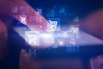 Finger touching phone with online shopping concept and dark background