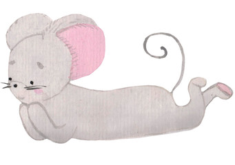 cute mouse lying on the floor. Cheerful little character with pink ears. watercolor illustration for prints, design, postcards, posters. symbol of the year