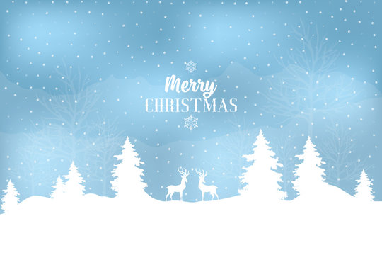 Snowy winter landscape with snowflakes, reindeer and words Merry Christmas