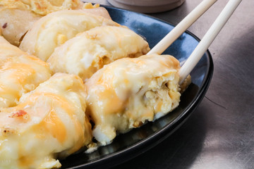 Delicious Chinese cheese and Mashed potatoes omelet in Tainan, Taiwan.