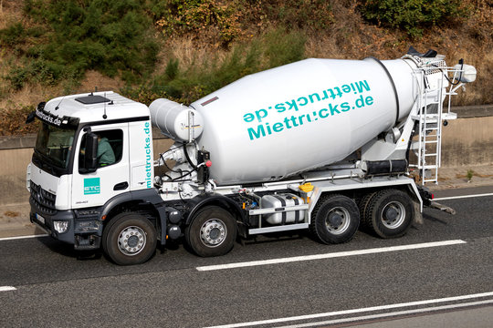FRANKFURT AM MAIN, GERMANY - September 22, 2018: ETC Miettrucks concrete mixer on motorway.