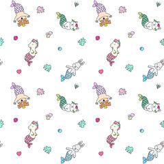 Seamless pattern with cute animal mermaids, shells, corals, pearls, fish and diamonds on white background. Vector 8 EPS.