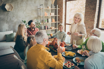 Portrait of nice cheerful big full family brother sister eating domestic brunch feast generation...