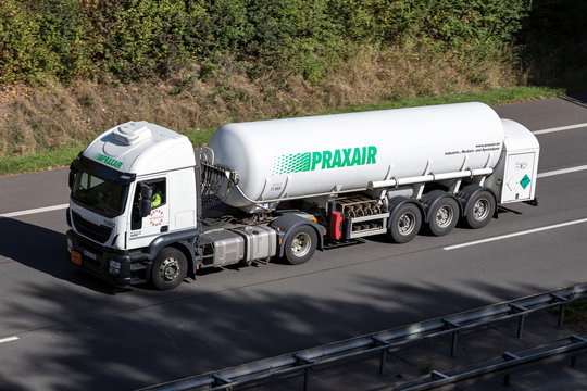 WIEHL, GERMANY - September 29, 2018: Praxair truck on motorway. Praxair is an American worldwide industrial gases company, the third-largest worldwide by revenue.