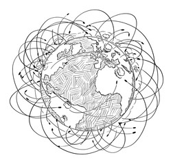 Vector black and white illustration of planet Earth surrounded by Rockets and nuclear explosions. Concept of nuclear war.