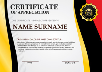 Landscape certificate background template with gold, black & red curved frame. Vector.