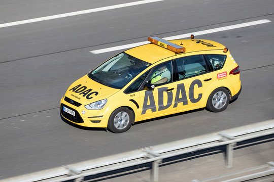 WIEHL, GERMANY - MARCH 30, 2019: ADAC car on motorway. German ADAC it is the largest automobile club in Europe.