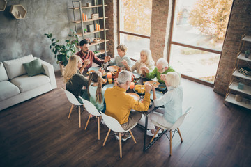 Portrait of nice calm peaceful big full family brother sister couples eating feast holding hands praying autumn fall season tradition day celebratory in loft brick wood industrial style interior house