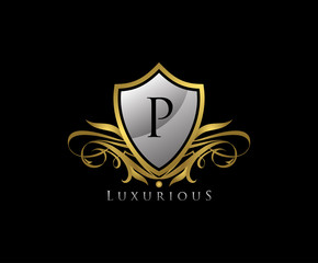 Obraz premium Luxury Gold Shield P Letter Logo Icon. Elegant P Letter Icon.