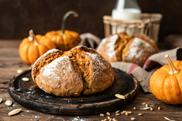 Pumpkin bread. Homemade rye wholemeal yeast-free bread with pumpkins