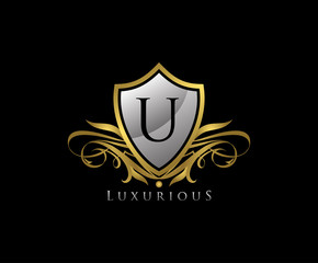 Luxury Gold Shield U Letter Logo Icon. Elegant U Letter Icon.