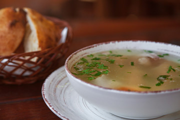 the first dish: soup with chicken and pita