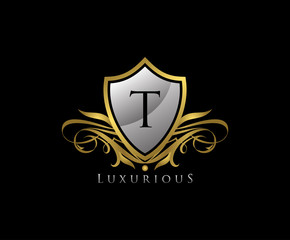Luxury Gold Shield T Letter Logo Icon. Elegant T Letter Icon.
