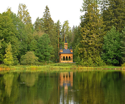 Neo-Gothic style Ruusulaakso pavilion, located on shore of Lake Metsalampi in Aulanko. It is decorated with many wooden ornaments, and it was probably built in 1890s. Hameenlinna, Finland