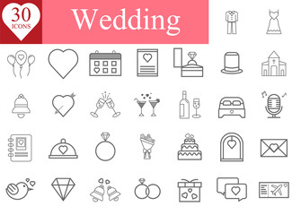 Wedding Icon set, Marriage, Engagement, Ring, Love, Celebration, Bridal dress, Wine Bottle, Thinline Pack, Vector Illustration collection