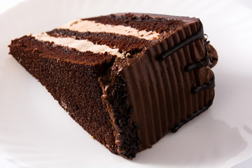 Chocolate cake slice isolated on white background