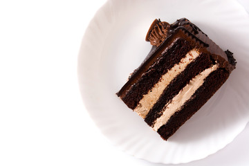 Chocolate cake slice isolated on white background
