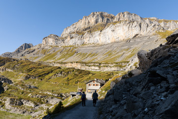 View to the restaurant Schwarenbach on the Gemmi Pass in Switzerland, Europe