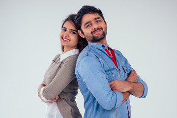 indian couple in love posing at studio white background