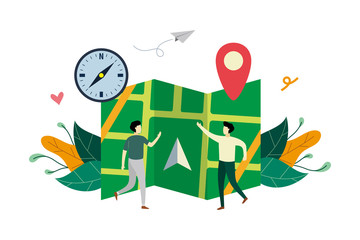 GPS navigation system, location on the city map flat illustration with small people concept vector template, suitable for background, landing page, ui, ux, advertising illustration