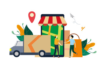 Naklejka premium Online logistic delivery service, order tracking flat illustration with small people concept vector template, suitable for background, ui, ux, advertising illustration