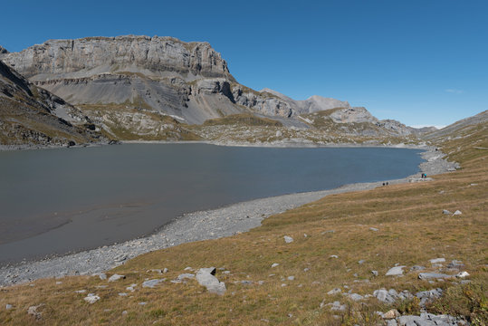Amazing landscape of the lake Daubensee on the Gemmi Pass in Switzerland, between canton Berne and Valais in Europe