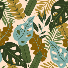 Seamless trendy tropical pattern with beautiful leaves and flowers on a pastel background. Modern abstract design for fabric, paper, interior decor. Hawaiian style. Colorful stylish floral.