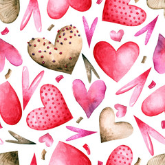 Pattern with watercolor hearts for Valentine's day on a white background