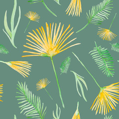 Yellow flowers watercolor painting - hand drawn floral seamless pattern on green