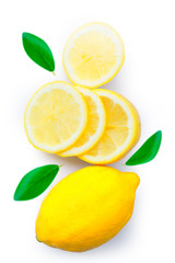flat lay lemon and slices isolated on white background