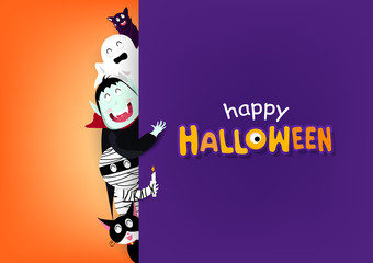 Happy Halloween greeting card, celebrate invitation poster, festive party holiday, cartoon characters vector illustration