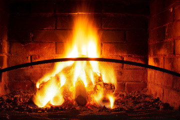 Fire in a brick furnace with a protective grille in the foreground