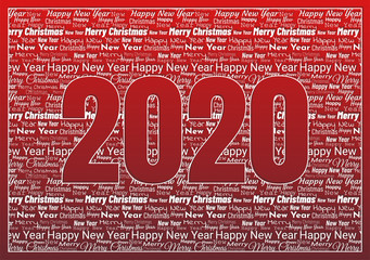 Christmas red background filled with font texture and number 2020. Editable vector illustration for greeting card, cover, flyer, banner, congratulation, New Year and Christmas design.