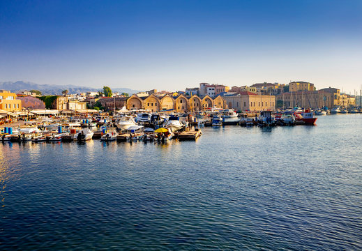 Panorama of Old harbor of Chania, Crete, Greece