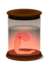 glass laboratory container for storing experimental samples with a worm inside. Vector illustration. Isolate on a white background.