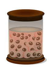 pink glass laboratory container for storing experimental samples with eyes. Vector illustration. Isolate on a white background.
