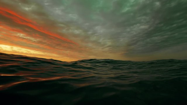 Sea wave close up, low angle view, slow motion sunrsie shot