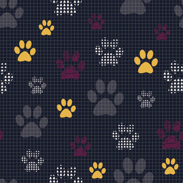 Seamless pattern with patterned paws. Complex illustration print in yellow, burgundy, white, grey and olive.